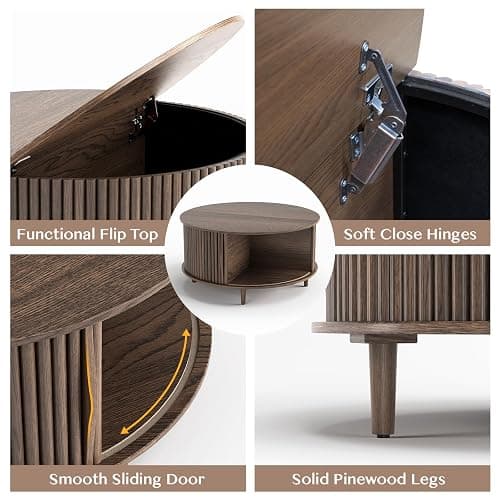 JOINICE,Round Coffee Table with Storage,Fluted Center Table with Sliding Cabinet Door for Living Room,Home Small Space,31.5" Small Center Table,Walnut thumbnail 3