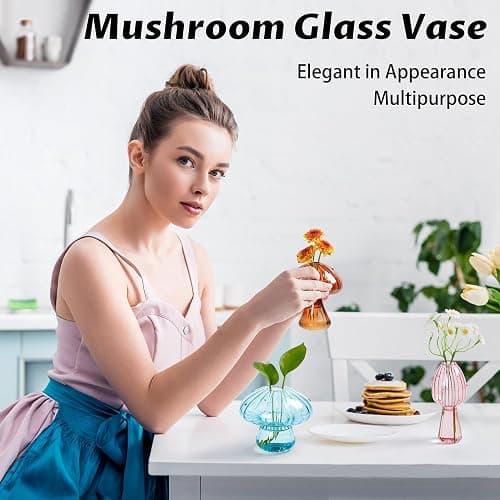 Mushroom Vase, Set of 6 Colored Flower Vase, Propagation Stations Vases, Small Bud Vases Home Decor Cute Glass Mushroom Planter for Room Office Decoration (Colorful) thumbnail 4