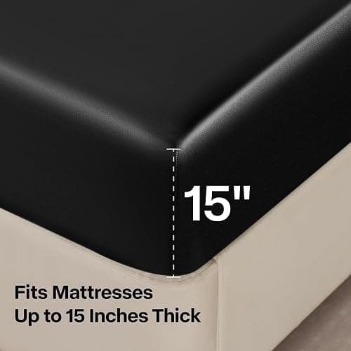 BEDELITE Satin Fitted Sheet and Pillowcases Set, Luxury Soft Similar to Silk Bottom Bed Sheet with Elastic Corner Straps, Deep Pocket up to 15 Inch, 1 Fitted Sheet and 2 Pillowcases(Full, Black) thumbnail 5
