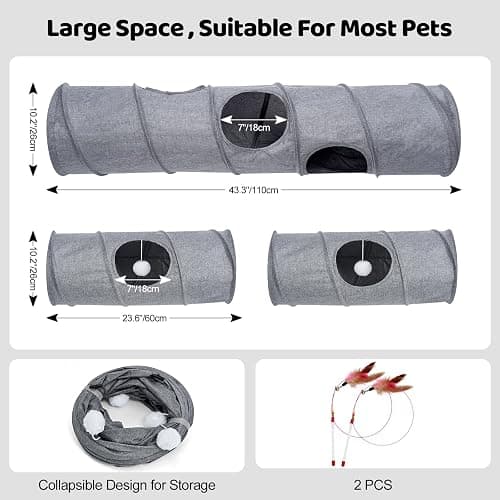 Cat Tunnel, 3 Straight Shaped Tunnels 6 DIY Shapes with Wand Toys, No Noise Scratch Resistant Cool Linen Fabric, Interactive Pet Tunnel Tube for Indoor Cats, Puppy and Rabbits thumbnail 6