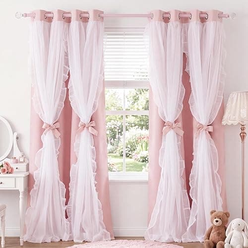 PONY DANCE Pink Blackout Curtains for Nursery/Girls Bedroom, 2 Panels | Double Layer Bow Curtains with Ruffle Sheer Overlay, Cute Shabby Chic Kids Toddler Room Decor Drapes Coquette Style,W52 x L84 - Image 1