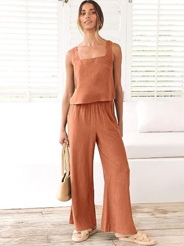 ANRABESS Women's 2 Piece Outfits Linen Pants Jumpsuit Matching Lounge Set Casual Summer Beach Vacation Trendy Clothes thumbnail 9