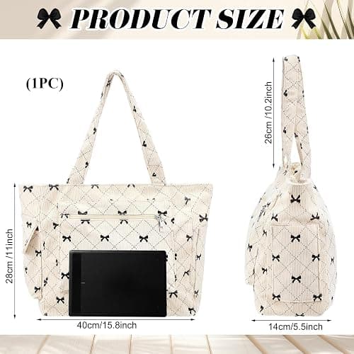 FloralGrace Cord Tote Bag for Ladies Large Black Bow Shoulder Bag with Pockets and Zip Bow Handbag for Work Travel thumbnail 4