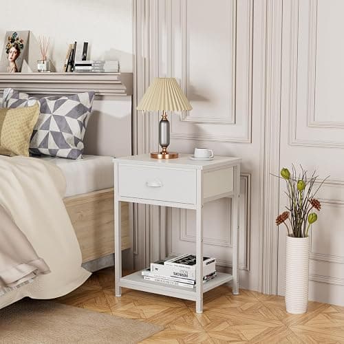 Furologee White Nightstands Set of 2, End Table with Fabric Drawer, Small Side Table for Small Spaces, 2 Tiers Storage Shelves End Table, Bedside Table for Living Room, Bedroom, Dorm - White - 2 thumbnail 6