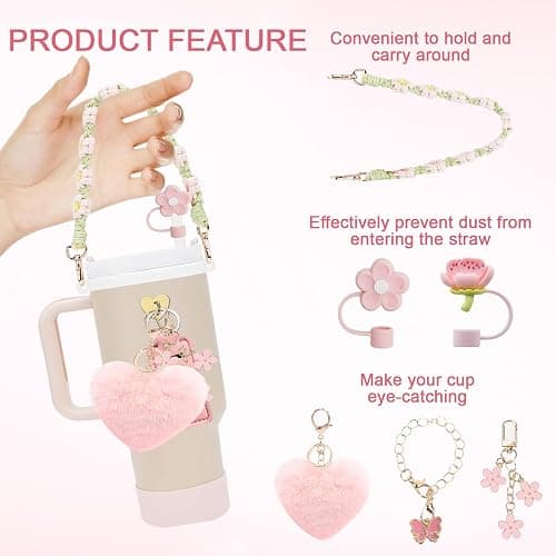 Stanley Cup Accessories Set, 10PCS Stanley Cup Decor Includes Stanley Straw Cover, Water Bottle Handle Strap, Silicone Stanley Cup Boot, Stanley Charms for Stanley Cup Tumbler, Light Pink thumbnail 5