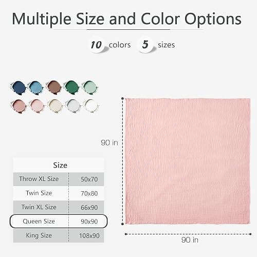 Carriediosa 100% Cotton Muslin Throw Blanket 90" X 90" Queen Size，4-Layers Summer Gauze Throws for Bed Couch，Soft Lightweight Breathable Linen Blankets Bedspread for Adults All Season，Dusty Pink thumbnail 3
