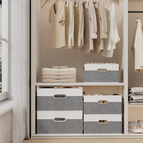 Yawinhe Fabric Storage Baskets, Foldable Closet Organizer for Shelves, Large Boxes with 3 Handles, Canvas Bins for Clothes, White/Grey, 12.99''Lx9.05''Wx7.87''H, 4-Pack thumbnail 5