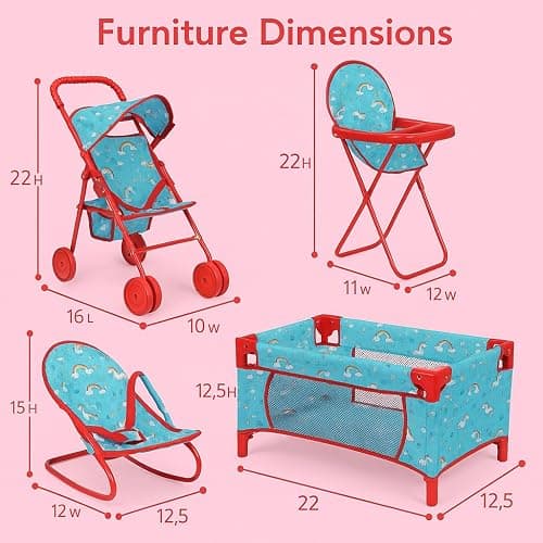 Fash n kolor® 4 Piece Doll Play Set, Doll Accessories Gift, Toy Set -Unicorn Design Includes, Doll Foldable Bed, Doll Stroller, Doll High Chair and Doll Seat, Dolls Gift Set (4 Piece Set) thumbnail 3