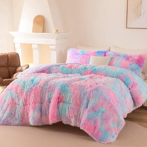 BYHOFMLY Pink Purple Fluffy Bedding Set Twin Size 3 Pieces Faux Fur Furry Comforter Set for Girls Tie Dye Rainbow Warm Fuzzy Kids Bed Comforter (Pink Purple, Twin) thumbnail 2