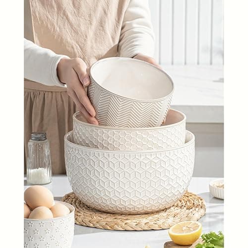 MIKIGEY Ceramic Mixing Bowls, Embossed Nesting Bowls Set of 4, Mixing Bowl Set for Serving, Baking, Cooking and Gift, Microwave and Dishwasher Safe, 20/47/99/148 oz, Off-White thumbnail 3