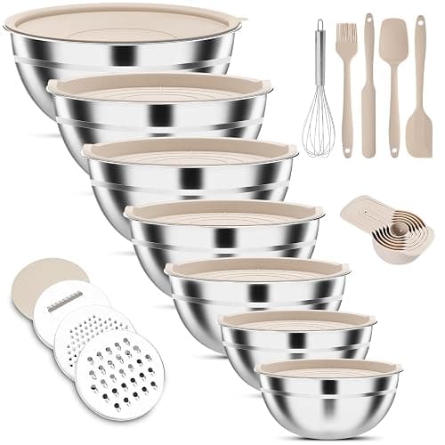 ENVTEK 7-Piece Stainless Steel Mixing Bowls Set with Lids & 3 Grater Attachments – Size 4.5, 4, 3.5, 2.1, 1.5, 1.1, 0.7QT, Kitchen Gadgets Set for Cooking, Baking, and Serving, Khaki - Image 1