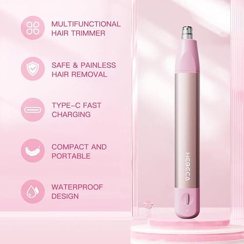 HEBECA Nose Hair Trimmer for Women 3in1 Facial Hair Removal Trimmer - Metal Body, Rechargeable, Waterproof, Portable - Nose, Ear, Eyebrow, Peach-Fuzz, Lips, Chin (Pink) thumbnail 3