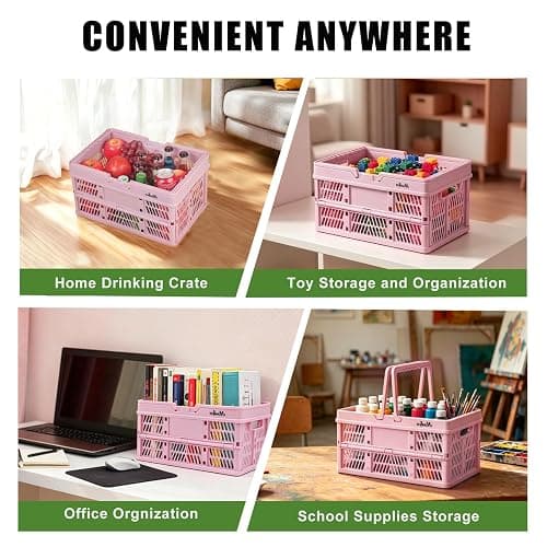 Pink crates for storage,plastic baskets for organizing,14.96" x9.84"x 7.87" collapsible shopping basket,20L foldable crate with Handles,Car Milk Dairy crate for Kitchen,Bathroom,school,office thumbnail 7