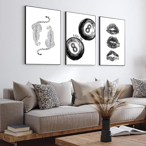 BOKPEN Trendy Black and White Leopard Canvas Wall Art,Funky Y2k Lucky 8 Ball Posters,Retro Kiss Lips Print Picture,Cheetah Prints Aesthetic for Girls Room College Dorm Home Decor (16x24 Unframed) thumbnail 2