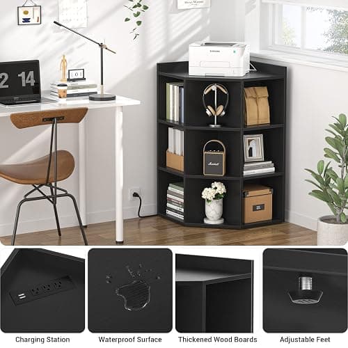 Aheaplus Corner Cabinet, Black Corner Storage with USB Ports and Outlets, Corner Cube Toy Storage for Small Space, Wooden Cubby Corners Bookshelf with 9 Cubes for Playroom, Bedroom, Living Room, Black thumbnail 6