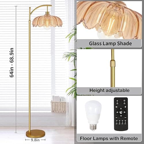 ILLMTW Gold Floor Lamp for Living Room,Bedroom,Mid Century Modern Standing Lamp with Remote,Dimmable Brass Tall Lamp Amber Glass Lamp Vintage Retro Arc Floor Lamps Flower Floor Light Boho Bohemian - 8-Floor Lamp thumbnail 5