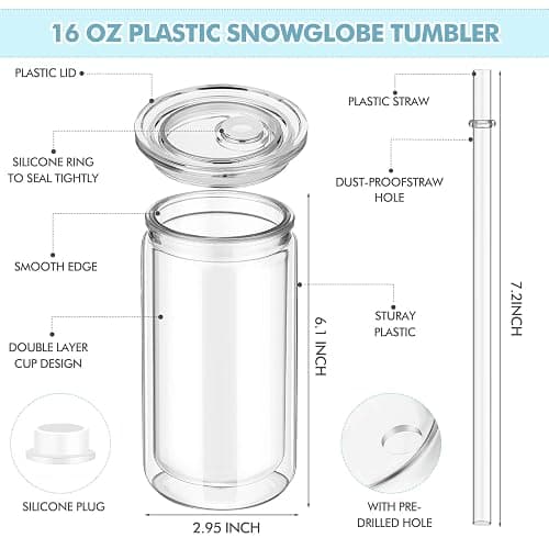 Nuenen 20 Pcs 16 oz Plastic Snow Globe Tumbler Pre Drilled Double Wall Plastic Can with Lid and Straw Double Wall Snowglobe Cup with Colorful Lid Mason Jar Cups for Snow Globe Glitter DIY Gift thumbnail 3