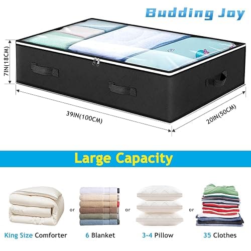 Budding Joy 90L Under Bed Storage Containers, Closet Organizers and Storage Bins, Foldable Underbed Storage Bags for Blankets, Towels, Comforter, Sweaters, Pillows, Linen Sheets, Wrapping Paper，Black thumbnail 3