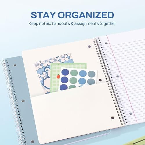 SUNEE Spiral Notebook, 1-Subject, College Ruled Paper, 8" x 10-1/2", 100 Sheets per Notebook, 3-Hole Punched Paper, Water Resistant Cover, Double-sided Pockets, Grey Blue thumbnail 4