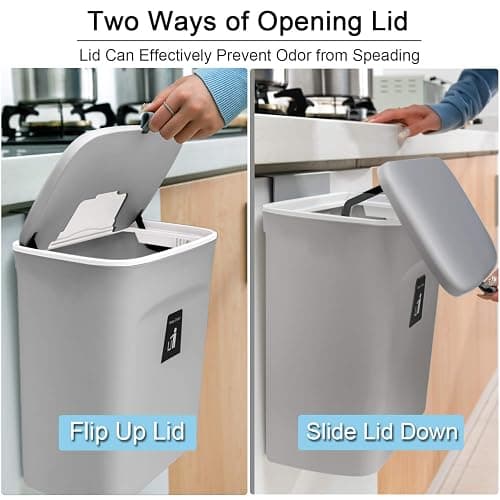 Tiyafuro 2.4 Gallon Kitchen Compost Bin for Counter Top or Under Sink, Hanging Small Trash Can with Lid for Cupboard/Bathroom/Bedroom/Office/Camping, Mountable Indoor Compost Bucket, Gray thumbnail 4