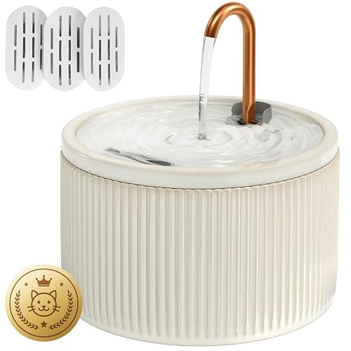 DOOOB Ceramic Cat Water Fountain, 2.1L/71oz Ceramic Cat Fountains, Automatic Pet Water Fountain for Cats, Pet Water Fountain with Ultra-Quiet Pump and 3 Filters & 3 Sponges (Beige) - Image 1
