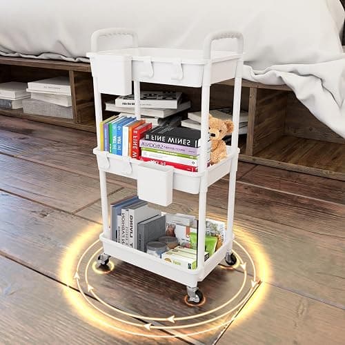 3 Tier Rolling Utility Cart with Handle,REBECAT Utility Cart Made of Multifunctional Storage Organizer Tool for Kitchen,Bathroom,Living Room,Office(White) thumbnail 2