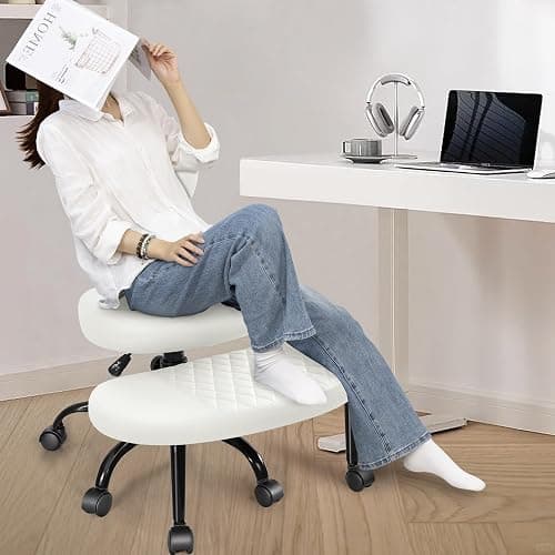 AtHope Ergonomic Cross Legged Office Chair with Wheels - Adjustable Height for Meditation, ADHD Desk & Yoga - Wide Criss Cross Design with Lumbar Support, Kneeling Chair - Off White thumbnail 6