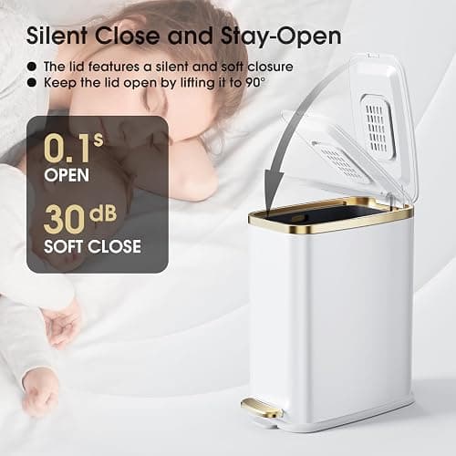 CEROELDA Small Bathroom Trash Can with Lid Soft Close-5L/1.3 Gal Slim Garbage Can-Metal Step Wastebasket-Rectangle Narrow Waste Bin for Office, Bedroom, Toilet, Live Room-White - A-White - 1.3 Gallon thumbnail 3