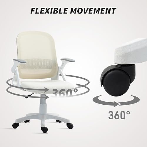 HOMCOM Breathable Mesh Office Chair, Ergonomic, Flip-up Armrests, White | Swivel Computer Chair, Lumbar Back Support, for Home/Office thumbnail 8