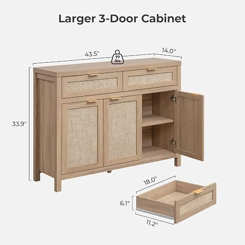 SICOTAS Rattan Sideboard Buffet Cabinet with Storage, Boho Credenza Accent Cabinet with 3 Doors and 2 Drawers, Farmhouse Console Coffee Bar for Kitchen, Living Room, and Entryway, Light Oak - Reclaimed Light Oak - 1 Piece thumbnail 2