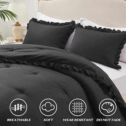 HARBOREST Full Comforter Set Black - Ruffle Bedding for All Seasons, 3 Pieces Shabby Chic Set (1 Comforter & 2 Pillow Shams) thumbnail 3