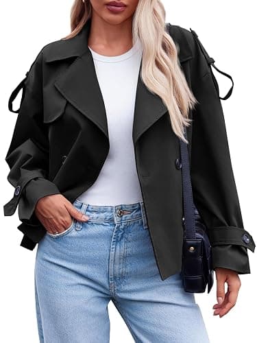 Tankaneo Womens Cropped Trench Coat Casual Double Breasted Short Jacket Fall Fashion Outerwear with Belt thumbnail 6