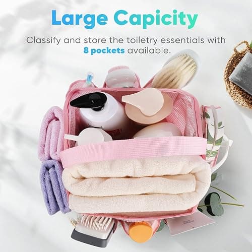EUDELE Mesh Shower Caddy Portable for College Dorm Room Essentials,Portable Shower Caddy Dorm with 8-Pocket Large Capacity, Shower Bag for Beach, Swimming, Gym, Travel essentials, Pink thumbnail 2