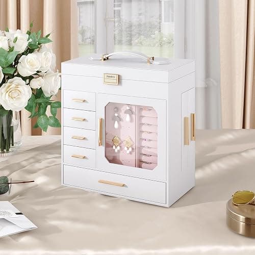HOOBRO Jewelry Box with Mirror, Jewelry Organizer Box with Capacious Storage Space, Jewelry Holder Organizer, Hand-Held Jewelry Case, Gift for Loved Ones, Modern Style, White and Light Gold WT06JB04G1 thumbnail 4