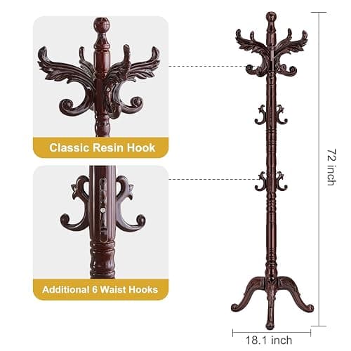Wooden Coat Rack Stand Sturdy Triangle Base, Natural Birch Wood Coat Racks Freestanding, Vintage Solid Wood Coat Tree Stand with 14 Hooks, Classic Sturdy Coat Racks Hall Tree for Entryway, Office thumbnail 3
