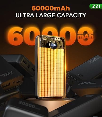 ZZI Portable Charger Power Bank 60000mAh, 22.5W PD Fast-Charge Battery Pack | Charge 5 Devices, 3-Ports & 3 in 1 Cable, 60% in 30min, 10 times for iPhone, Fit All Cell Phone/Tablets,Camping/Travel/Outage thumbnail 2