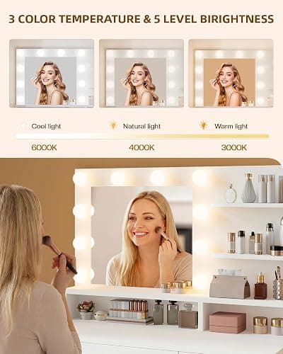 LIVELYGLOW White Makeup Vanity Desk with Charging Station & 4 Drawers | 10 LED Bulbs, HD Mirror, Cushioned Stool, Hairdryer Rack thumbnail 4