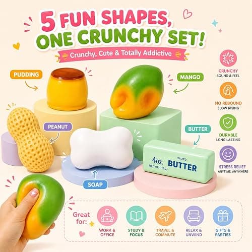 5 Pack Crunchy Squishy Asmr Squishies Feel, Crunchy Squeeze Stress Ball | Butter Peanut Pudding Mango Soap Crunchy Squishy Realistic Non Rebound Moldable Party Favor Gifts for Adults thumbnail 4