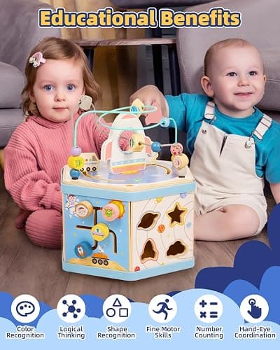 Gleamkid Large Wooden Space Activity Cube Toys, 9-in-1 Early Educational Montessori Learning Toys for 2 3 4 Toddlers with Abacus Bead Maze for 24+ Months Boys Girls First Birthday thumbnail 6
