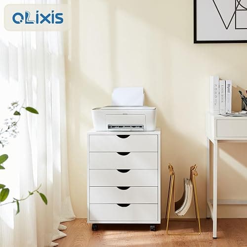 OLIXIS 5 Drawer File Cabinet on Wheels, Printer Stand | Fits Under Desks, Wood Storage Organization Holds Printer, Office Supplies, Not For Hanging Files, For Home Office Use White thumbnail 2