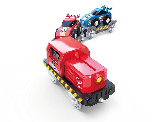 Hape Race Car Transporter | Six-Piece Wooden Toy Train Car Transport Set for Kids thumbnail 3