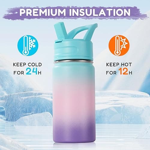 12oz Kids Water Bottle for School, Toddler Water Bottles with Straws, Insulated Water Bottles for Boys&Girls, Stainless Steel Vacuum Insulated Bottle for Kids, Leak-Proof, BPA-Free, Aurora thumbnail 7