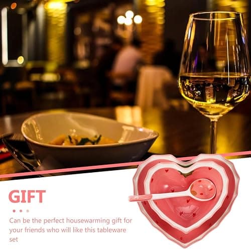 Ceramic Bowl Plate with Spoon Heart Shaped Strawberry Bowl Salad Dessert Snack Appetizer Plates for Soup Cereal Nuts Oatmeal Fruit Prep Sushi Plate Set thumbnail 9