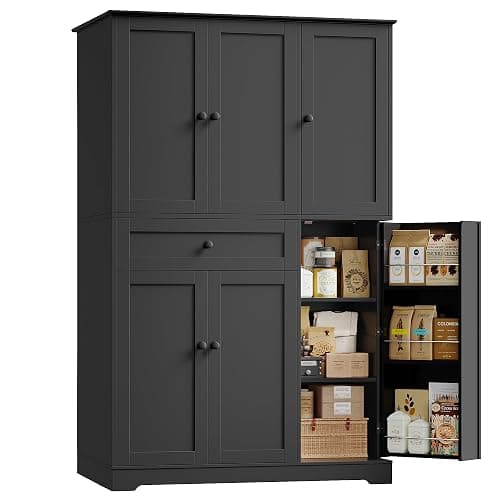 HOSTACK 68" Tall Kitchen Pantry Storage Cabinet, Modern Kitchen Hutch Cabinet with Doors and Shelves, Freestanding Food Pantry with Large Storage Drawer for Dining Room, Living Room, Black - Image 1