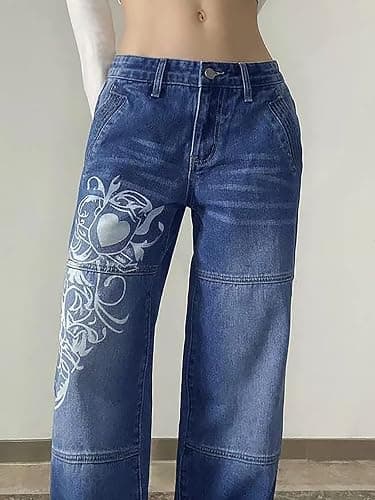 Xineicy Women's Low Rise Heart Pattern Baggy Jeans Washed Wide Leg Denim Cargo Pants thumbnail 2