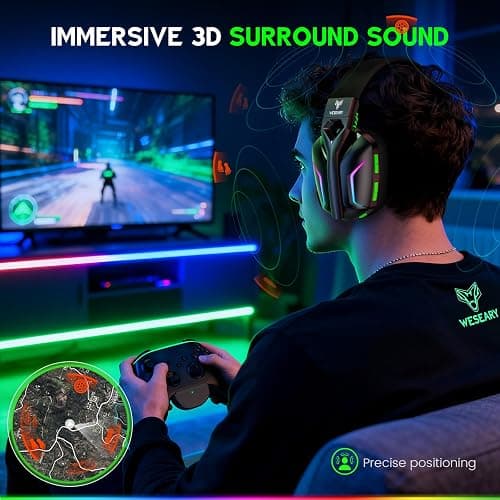 WESEARY Wireless Gaming Headset for Xbox Series X|S, Xbox One, PS5, PS4, PC, Mac, Switch, 2.4GHz + Bluetooth Over-Ear Gaming Headphones with ENC Mic, 3D Stereo, Dynamic LED Lights, 50mm Drivers, 50H thumbnail 2