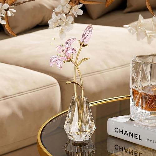 YWHL Crystal Lily Flower Figurine with Vase, Handmade Pink Glass Lily Flower Gifts for Woman, Wedding Gifts for Couple, Home Party Decorations (Pink) thumbnail 2
