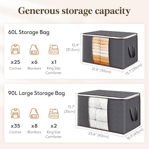 Lifewit Clothes Storage Bag, Fabric Closet Organizers, Foldable Moving Bags with Reinforced Handle, Sturdy Zipper, Clear Window, for Clothing, Blankets, Grey, 3 Pack thumbnail 2
