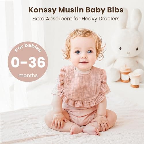 Konssy Muslin Baby Bibs for Girls – Soft 100% Cotton Drool Bibs, Ruffle Trim for Newborns & Toddlers 0-36 Months 3-Pack thumbnail 2