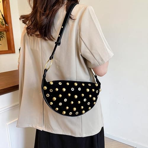 OWGSEE Studded Purse Trendy Studded Handbag Hobo Crescent Bags Y2K Shoulder Bag Suede Purses for Women thumbnail 2